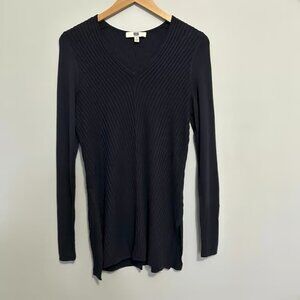 E3 by Etcetera Navy Ribbed V-Neck Tunic Sweater Silk Blend Women's Size Small